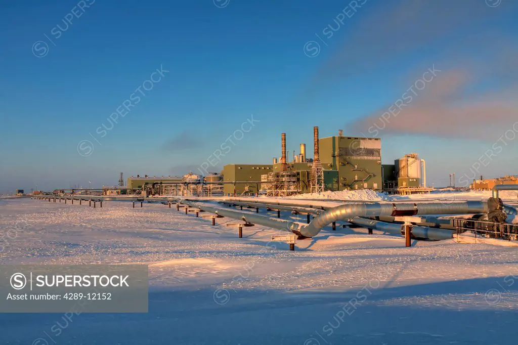 View of Gathering Center 1 GC1 and pipelines at Prudhoe Bay, Arctic Alaska, Winter HDR