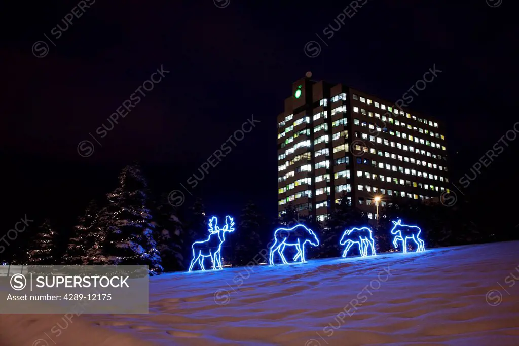 Moose Christmas decorations and the BP Building at night in midtown Anchorage, Southcentral Alaska, Winter