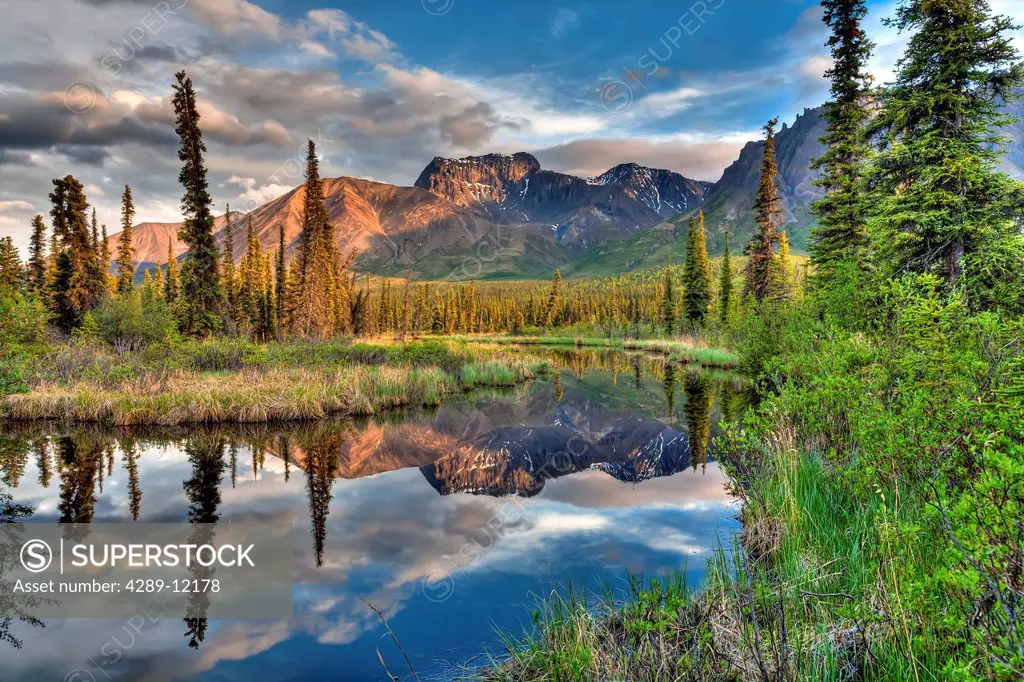 Skookum Volcano reflecting in a pond along the Nabesna Road in Wrangell_St. Elias National Park and Preserve, Southcentral Alaska, Summer, HDR