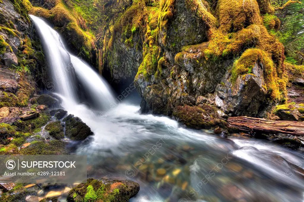 Virgin Creek Falls near Girdwood, Southcentral Alaska, Spring, HDR