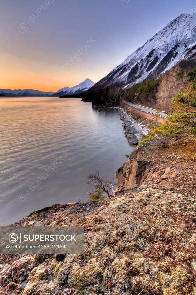 Scenic view of the Hope Highway along Turnagain Arm at sunrise, Kenai Peninsula, Southcentral, Alaska, Spring, HDR