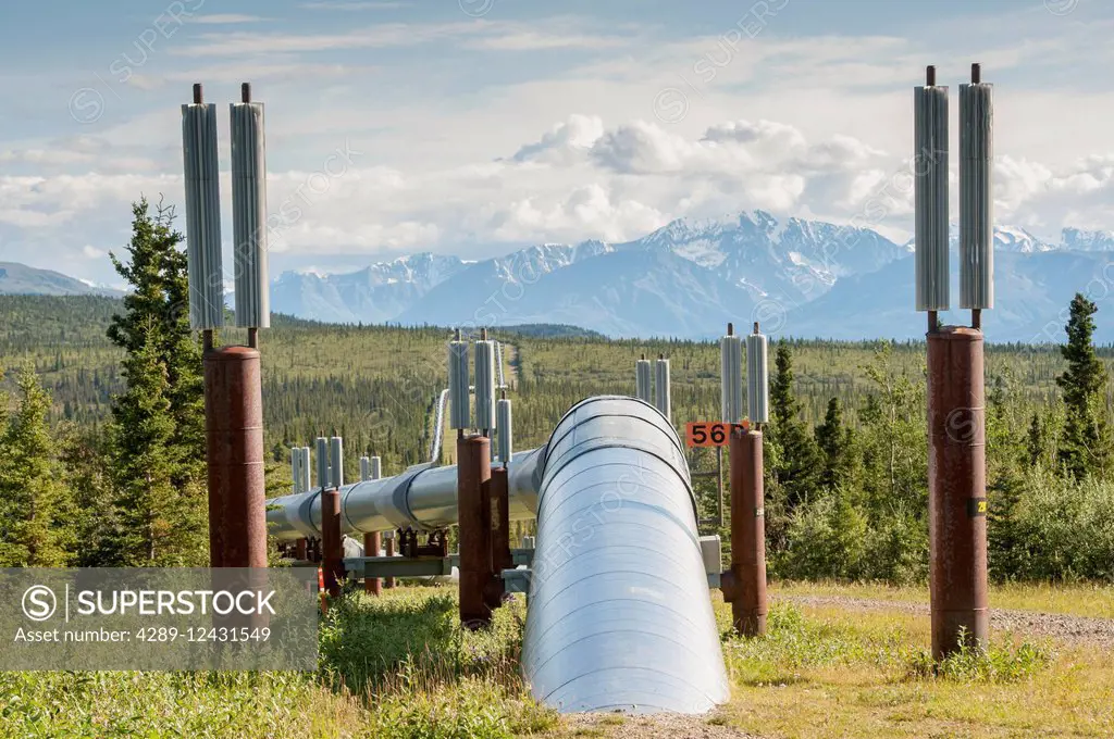 Trans-Alaska Pipeline (Alyeska pipleline) running through landscape with Mountain range in the distance near Delta Junction, Interior Alaska.