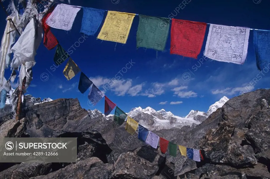 Prayer flags and Himalaya Mountains Nepal