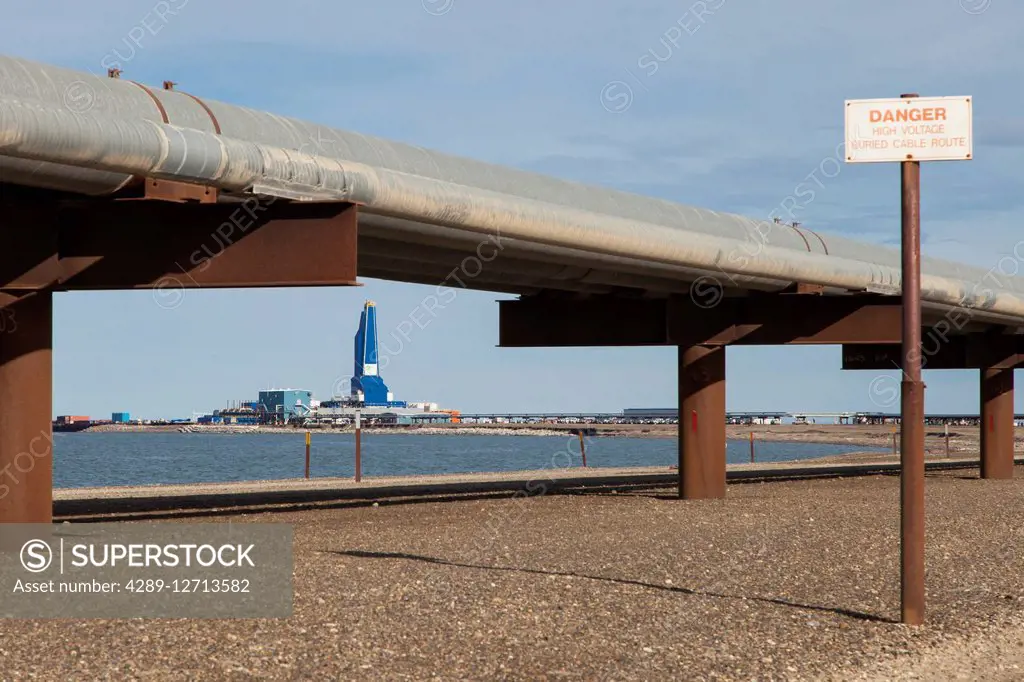 Liberty Oil Rig and Pipelines viewed from the Endicott Island causeway, Prudhoe Bay Oil field, North Slope, Arctic Alaska, Summer