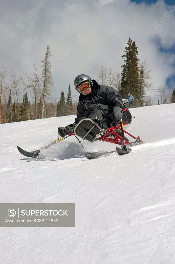 Mono_skier skiing down slope at ski_camp in Telluride Colorado