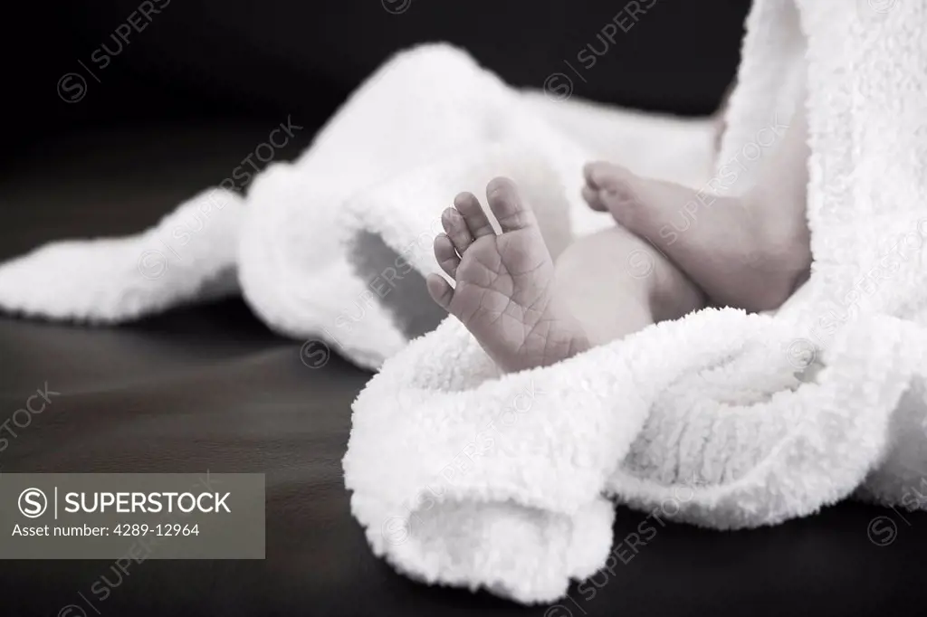 Newborn infant´s feet sticking out from under a white blanket laying on black leather sofa Causasian Alaska United States
