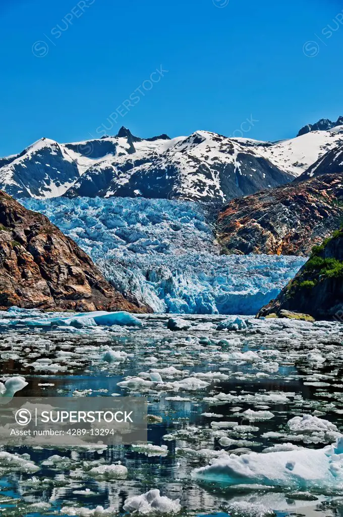 Summer ice bergs float in front of South Sawyer Glacier in Tracy Arm, Tracy Arm_Fords Terror Wilderness, Souhteast Alaska