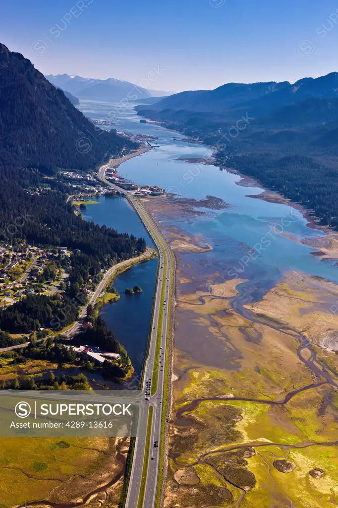 Aerial view looking over the Mendenhall Wetlands State Game Refuge towards the city of Juneau, Southeast Alaska, Summer