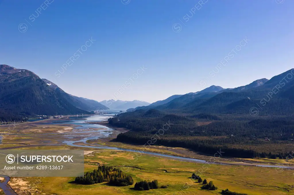 Aerial view looking over the Mendenhall Wetlands State Game Refuge towards the city of Juneau, Southeast Alaska, Summer