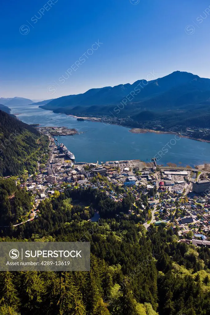 Aerial view of downtown Juneau and Lynn canal looking South over the Gold Creek Valley, Southeast Alaska, Summer
