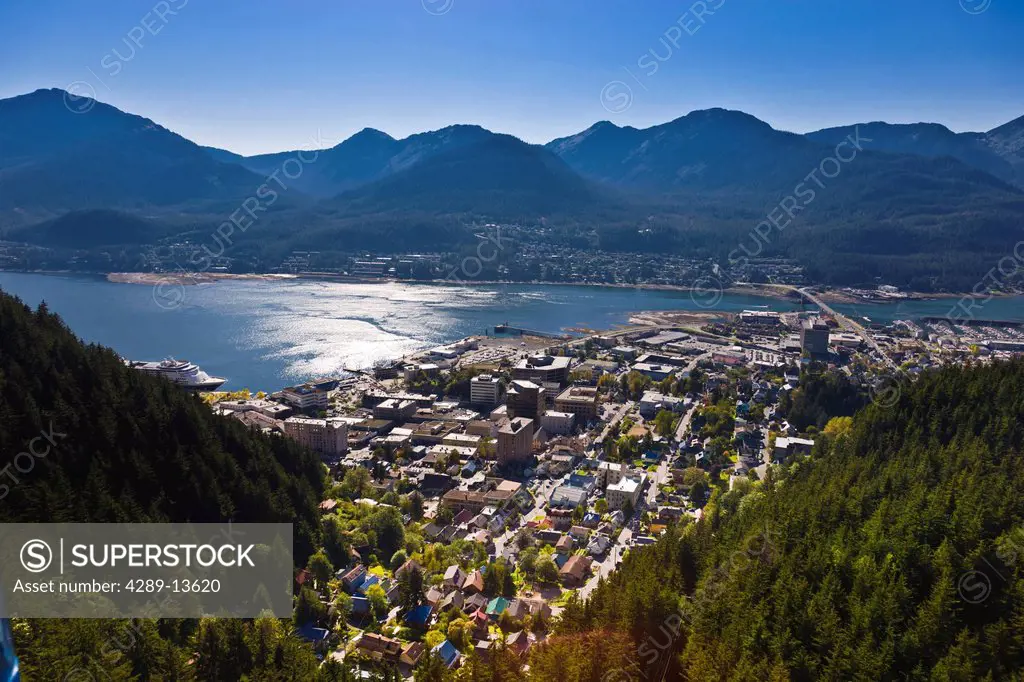 Aerial view of downtown Juneau and Lynn canal looking South over the Gold Creek Valley, Southeast Alaska, Summer
