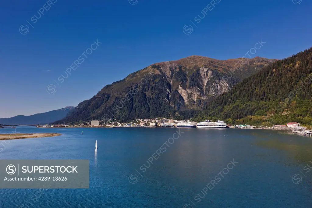 Aerial view of Lynn canal and downtown Juneau with Mount Juneau in the background, Southeast Alaska, Summer