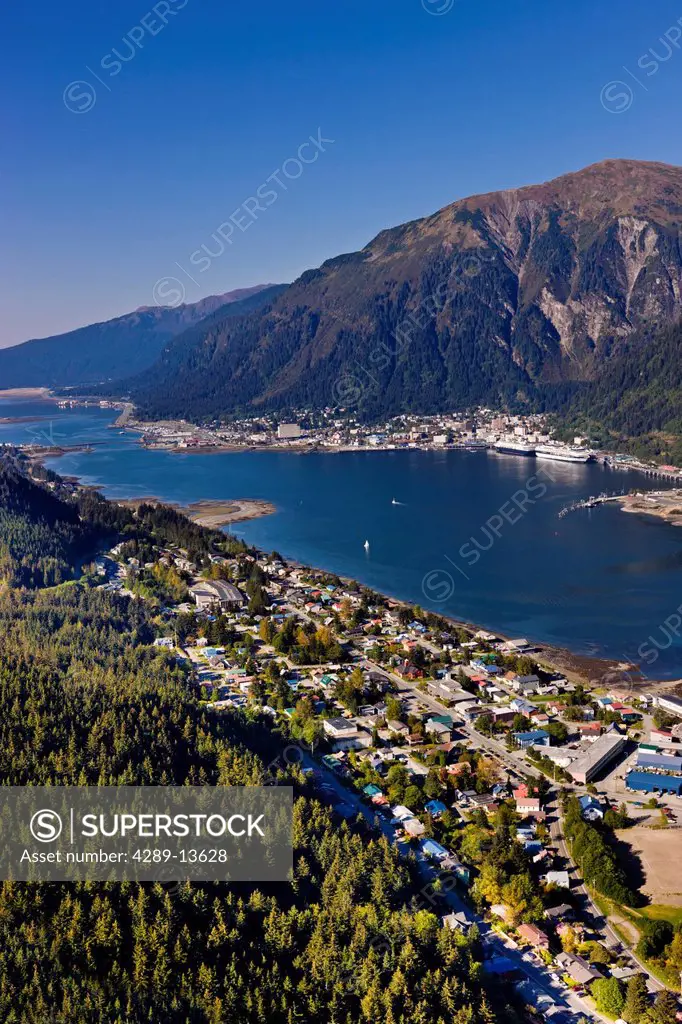 Aerial view looking from above Douglas Island towards Lynn canal and downtown Juneau, Southeast Alaska, Summer
