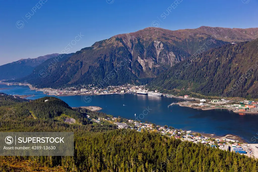 Aerial view looking from above Douglas Island towards Lynn canal and downtown Juneau, Southeast Alaska, Summer
