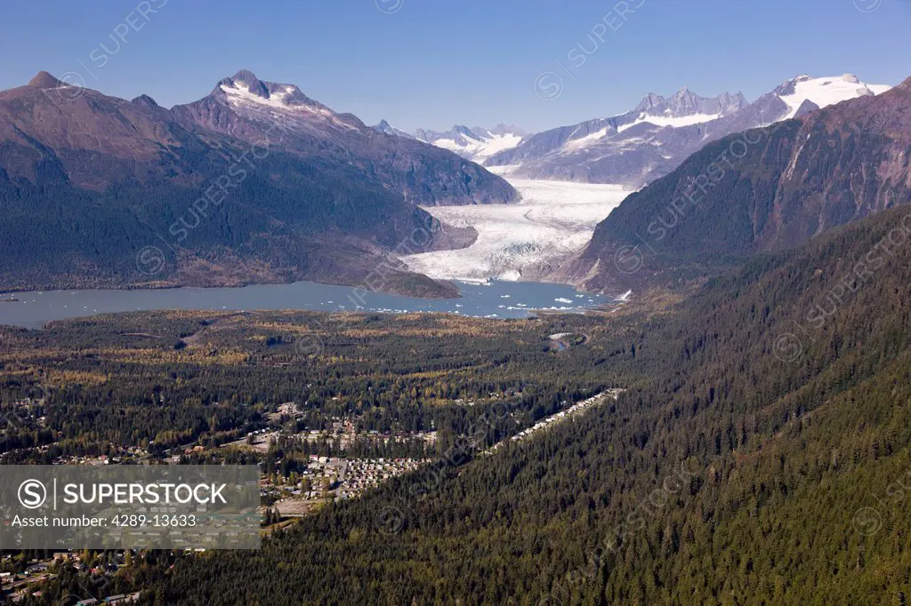 Aerial view looking across the Gold and Granite creek drainages towards Mendenhall Glacier, Juneau, Southeast Alaska, Summer