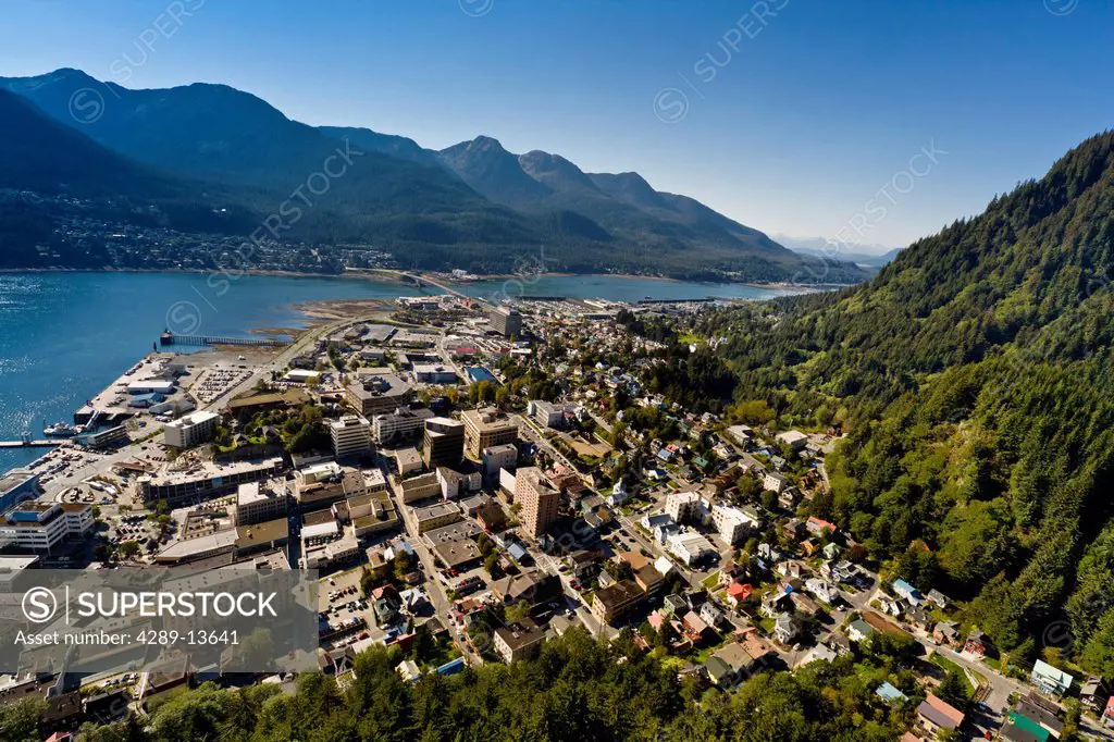 Aerial view of downtown Juneau and Lynn canal looking West, Southeast Alaska, Summer