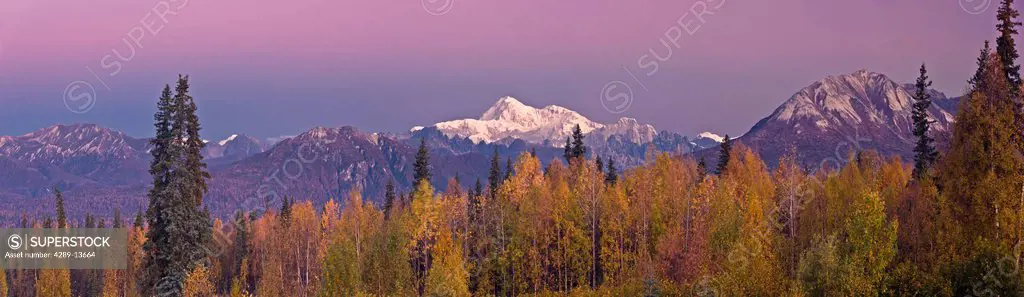 Panorama scenic of Mt. McKinley as seen from the Veterans Memorial in Denali State Park, Southcentral Alaska, Autumn