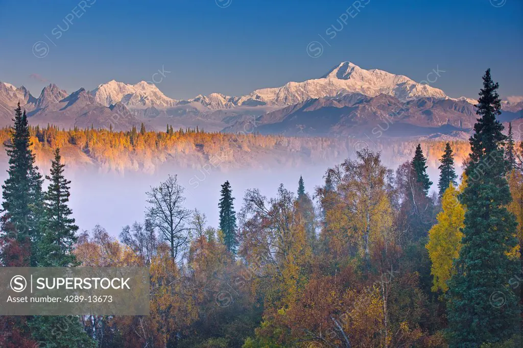 The early morning sun lights up Mount McKinley, and the Alaska range as fog covers the Chulitna River valley, photographed from the Denali South Overl...