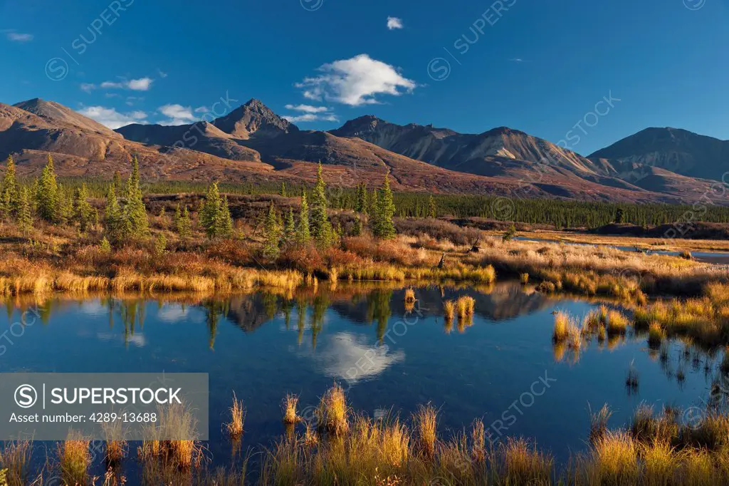 Scenic mountain landscape with a pond in the foreground seen from the Denali Highway, Southcentral Alaska, Autumn