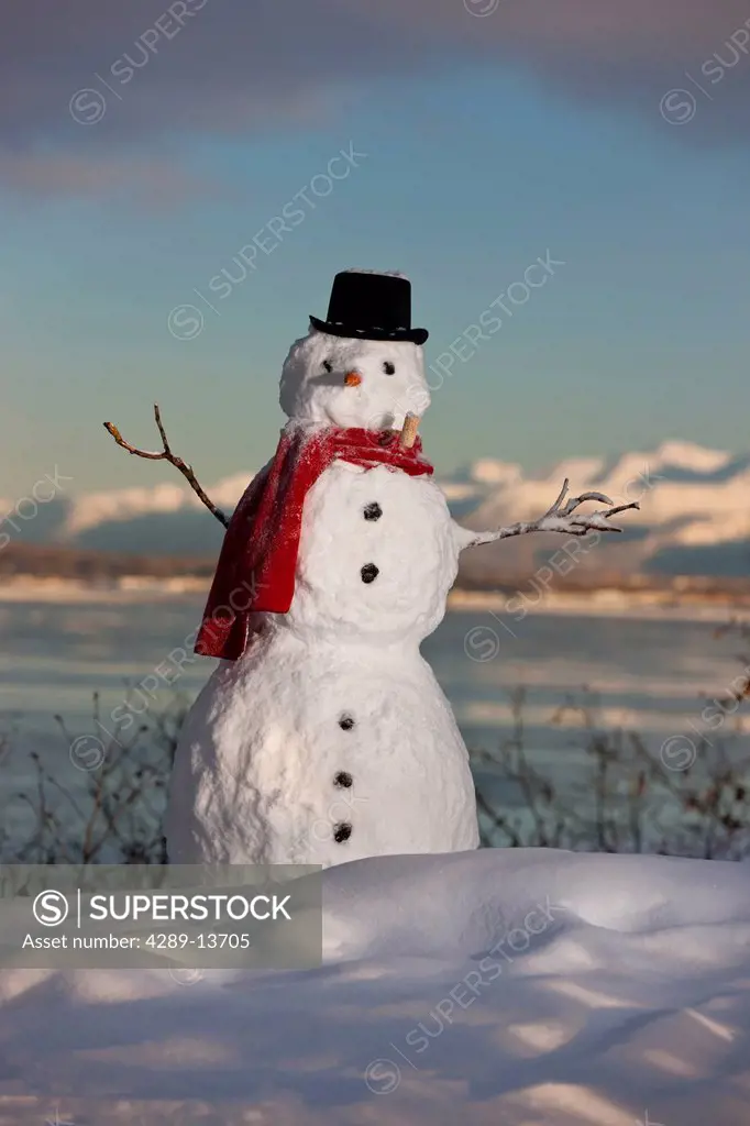 Snowman with Chugach Mountains and Cook Inlet in the background, Southcentral Alaska, Winter
