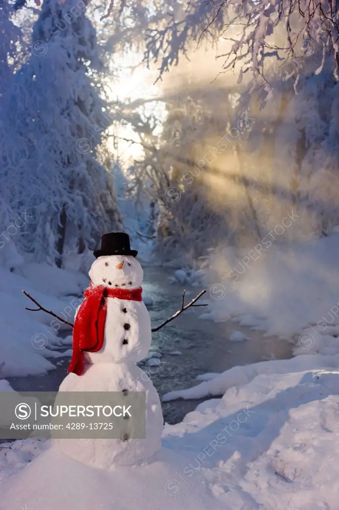 Snowman wearing a red scarf and black top hat standing in the snow next to a small stream in a foggy hoarfrost covered forest, Russian Jack Park, Anch...