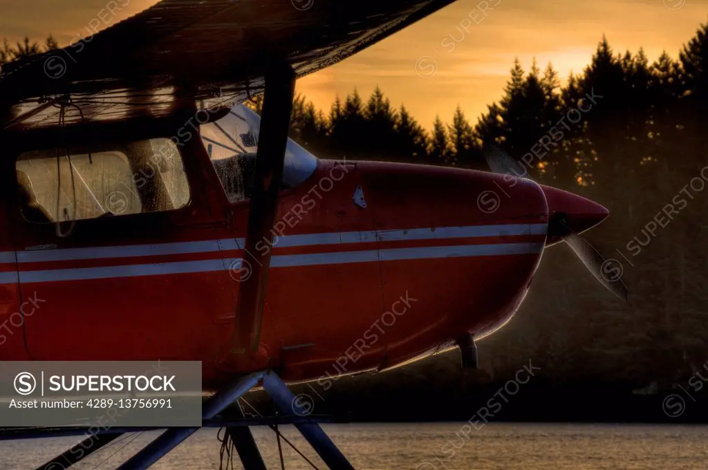 Side view of a seaplane at sunrise, Trident Basin Seaplane Base, Kodiak Island, Southwest Alaska, HDR