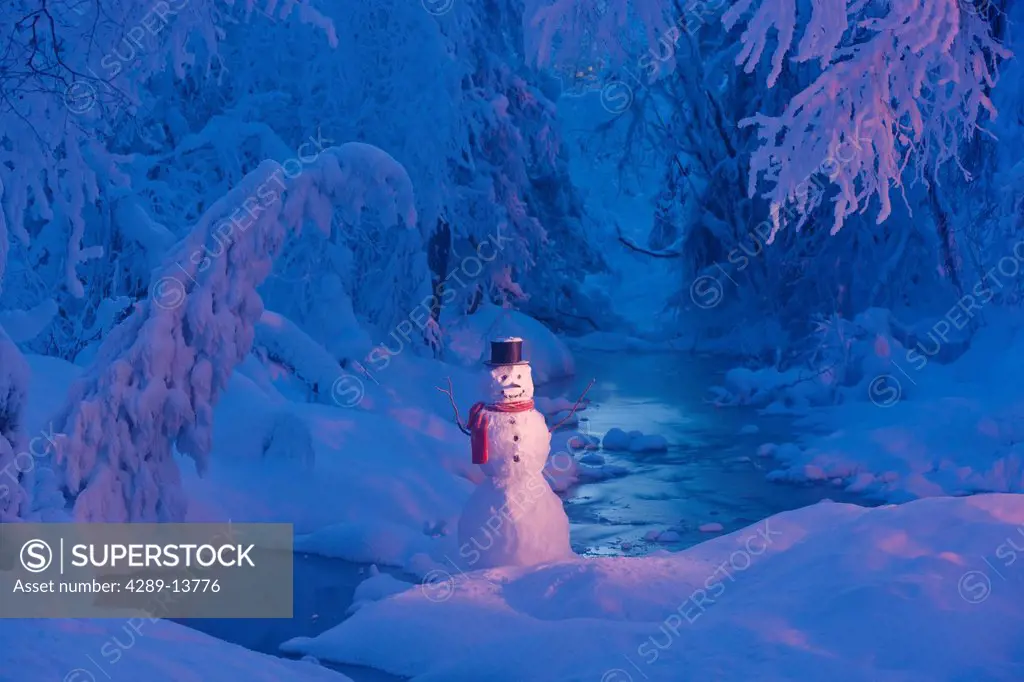 Snowman wearing a black scarf and top hat standing next to a small stream in a hoarfrost covered forest at twilight, Russian Jack Springs Park, Anchor...
