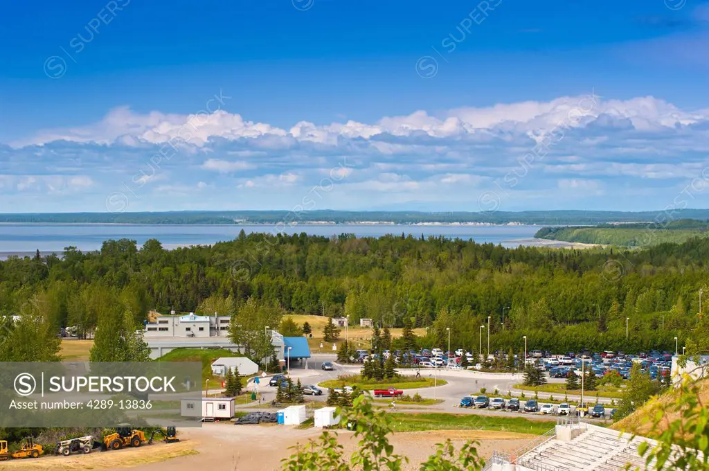 View overlooking the Kincaid Park Chalet and Cook Inlet, Anchorage, Southcentral Alaska, Summer