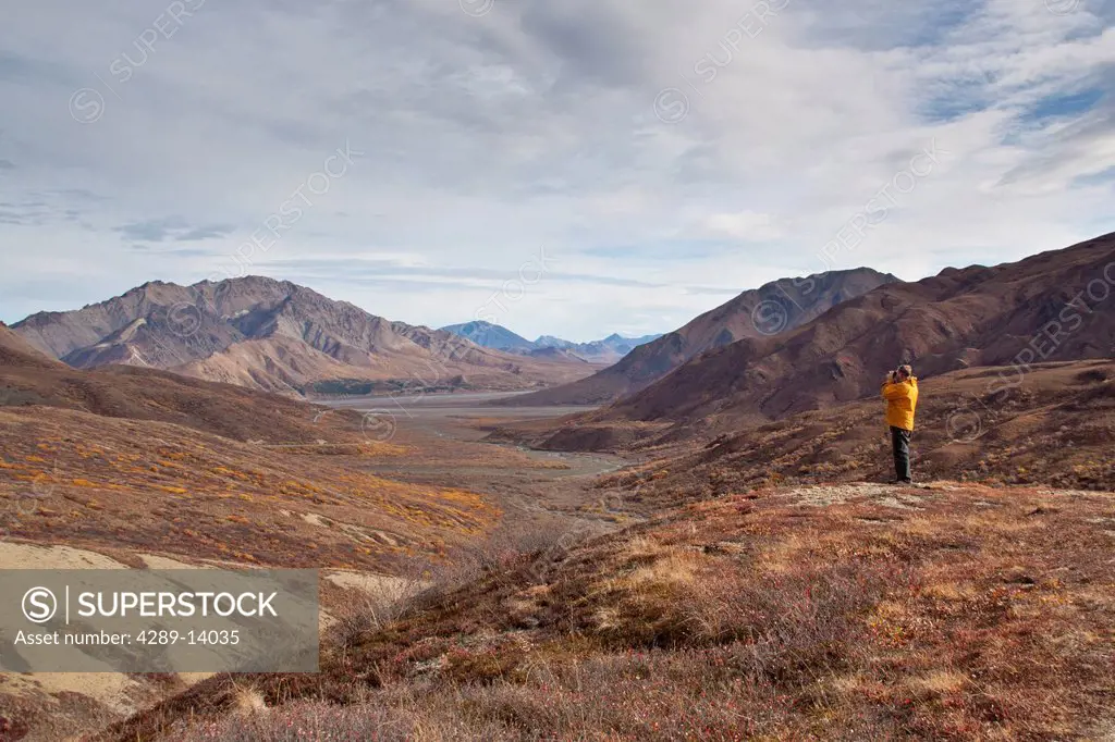 Man photographing scenic view near Polychrome Pass, Denali National Park & Preserve, Interior Alaska, Autumn