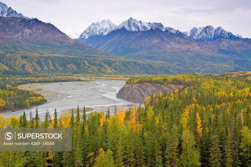 Scenic Autumn view of the Matanuska River and Chugach Mountains, Southcentral Alaska, HDR