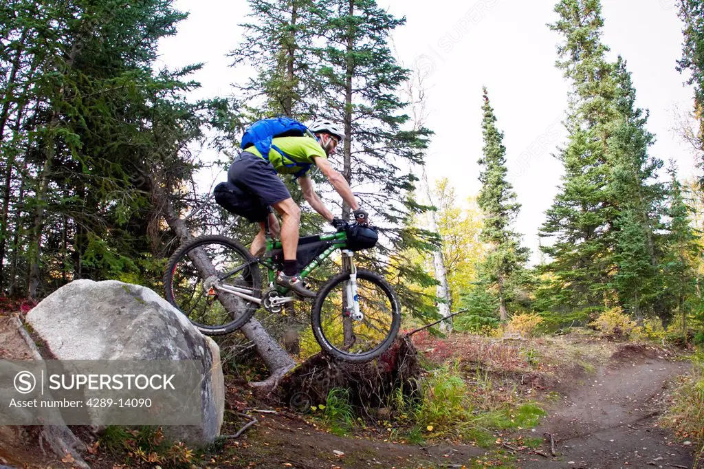Man mountain biking over rocks, Anchorage hillside trails, Southcentral Alaska, Autumn