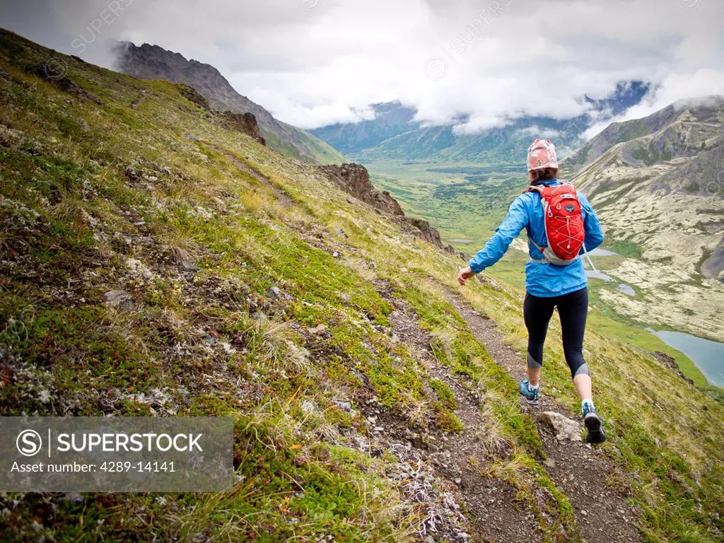 Woman mountain trail running on The Wedge, above Ship Lake, Chugach Mountains, Glen Alps, Southcentral Alaska, Summer