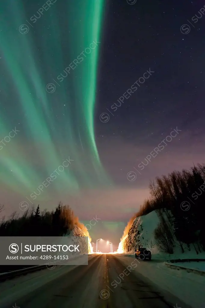 Aurora Borealis Northern Lights over the Old Glenn Highway in the Matanuska_Susitna Valley, Southcentral Alaska, Winter