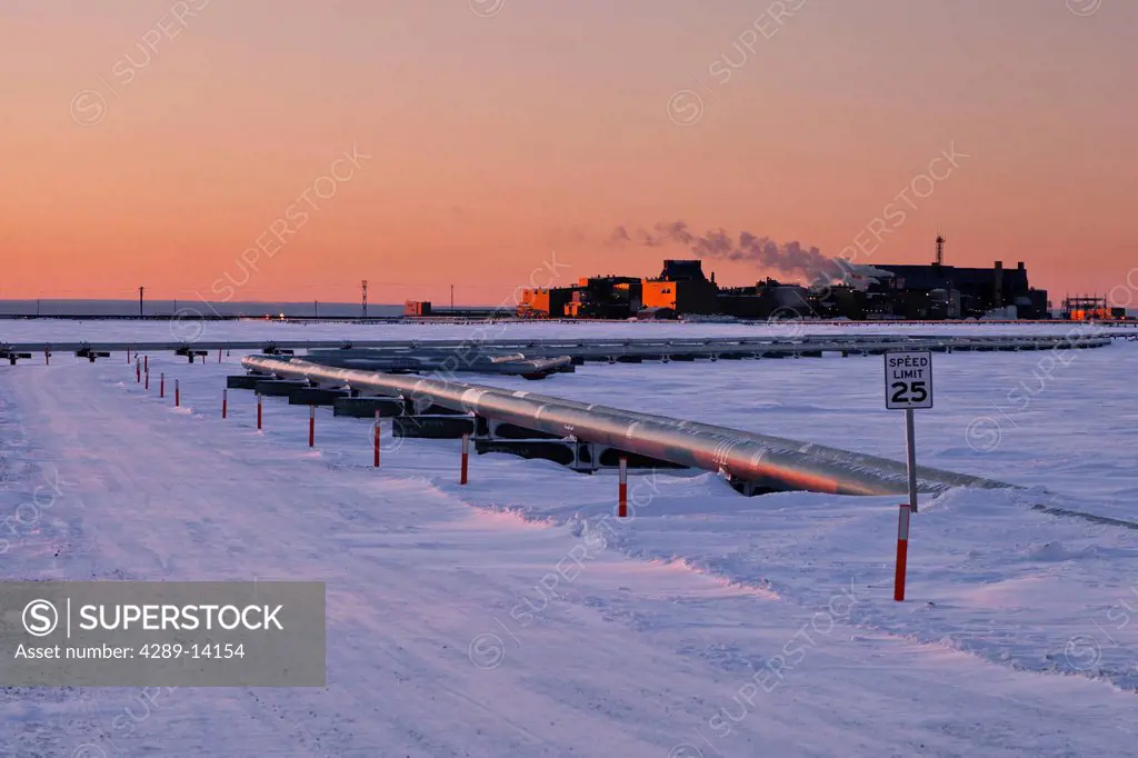 Pipelines and Flow Station 3 FS3 in the Prudhoe Bay oil field, Arctic Alaska, Winter