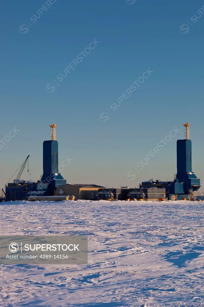 Two new Parker Drilling rigs in Deadhorse, Prudhoe Bay Oil Field, Arctic Alaska, Winter