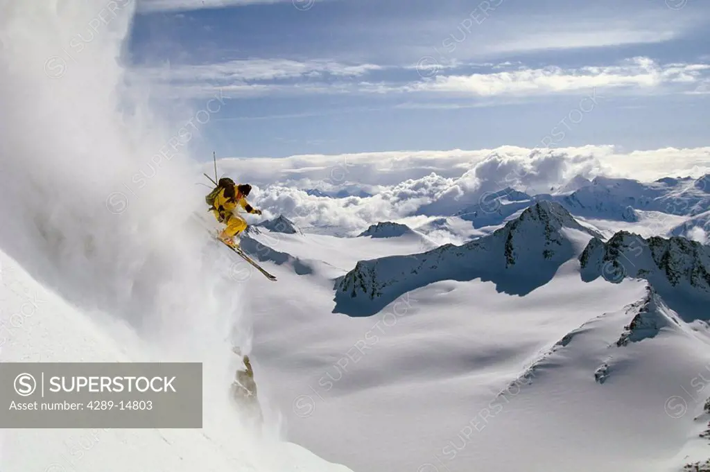 Man Downhill Skiing Chugach Mtns Southcentral Valdez AK Extreme Winter