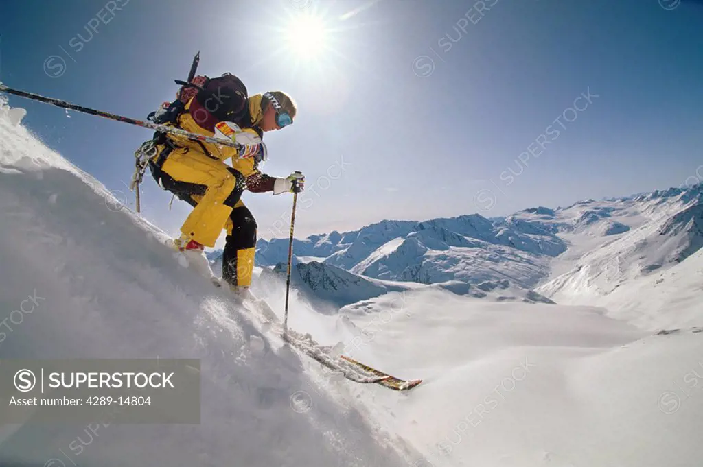 Man Downhill Skiing Chugach Mtns Southcentral Valdez AK Extreme Winter