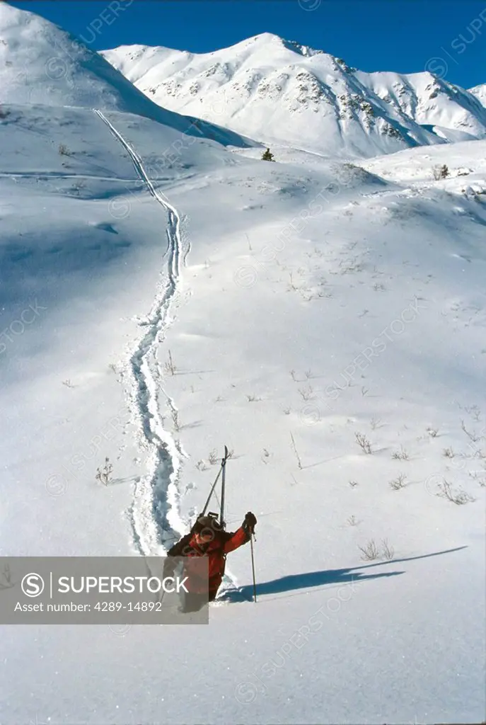 Skier Climbing Up Hill in Deep Snow Hatcher Pass SC AK Winter Scenic