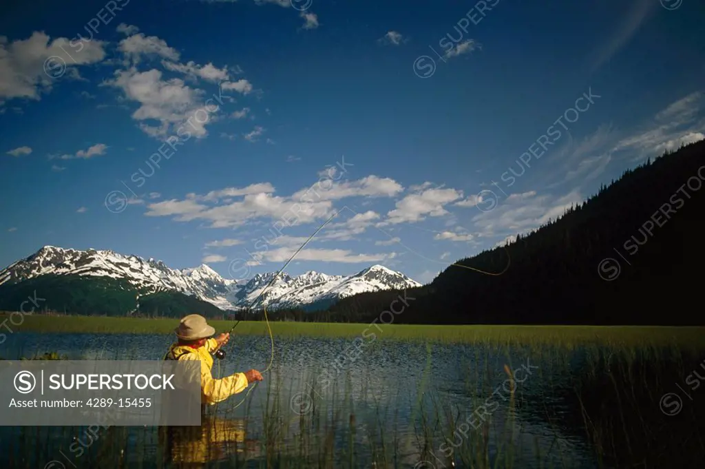 Flyfishing in lake near Portage Glacier SC Alaska
