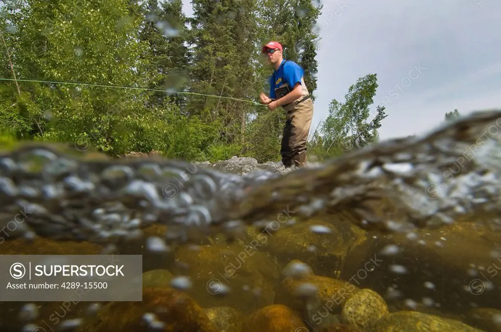 Underwater perspective of a fly fisherman fishing for rainbow trout in Montana Creek, Southcentral, Alaska