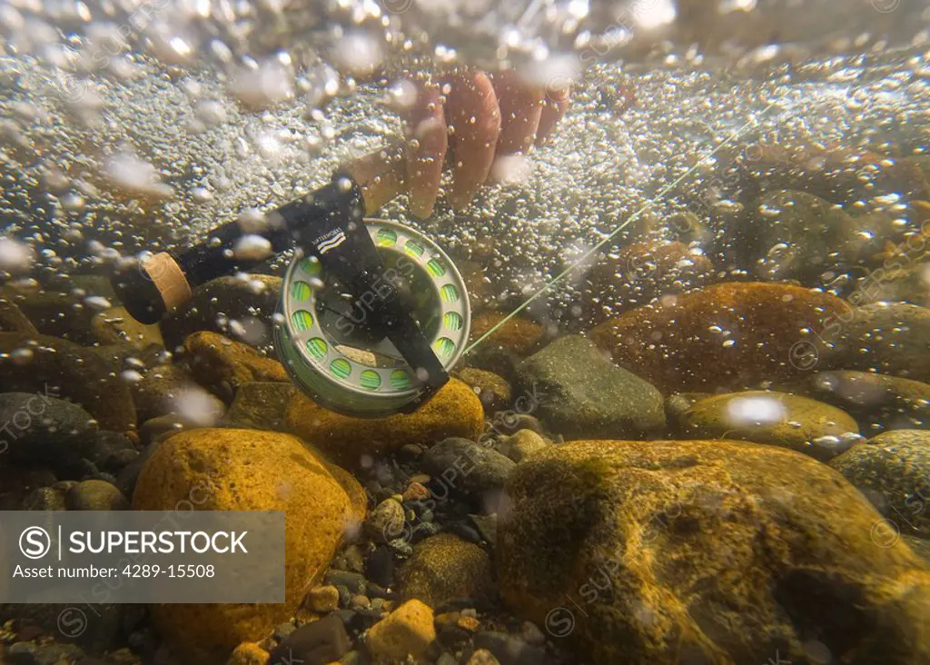 Underwater view of a fly rod and reel in the fast moving water of Montana Creek, Alaska