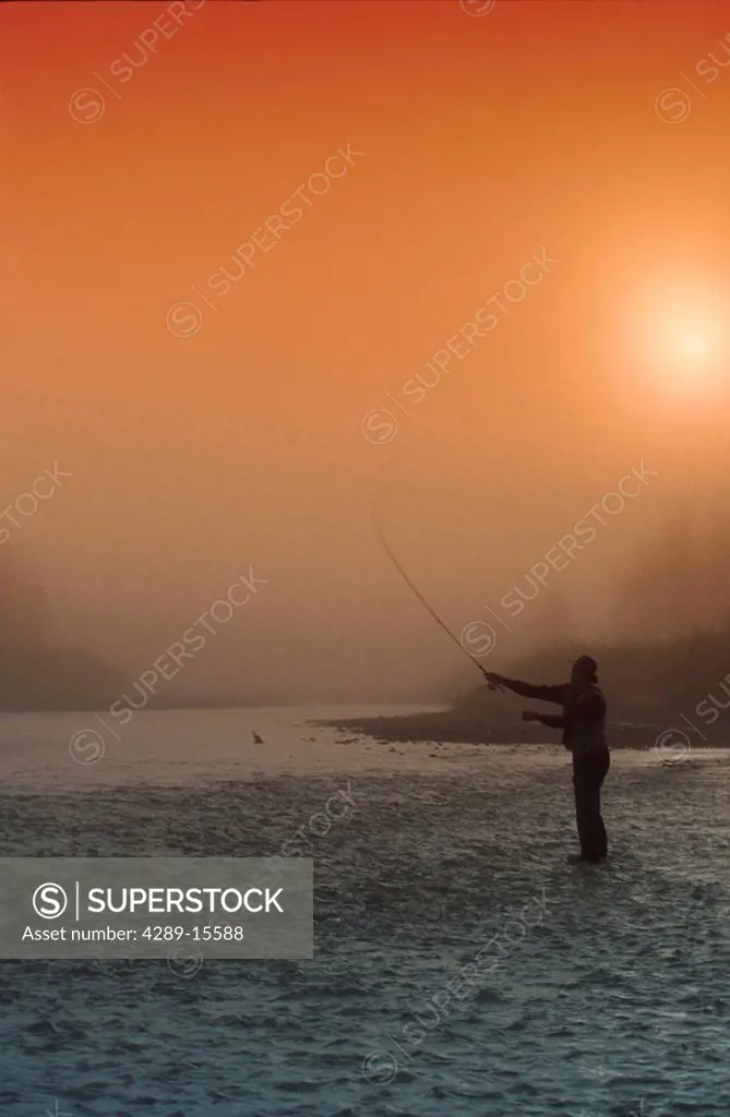 Man Fly Fishing @ Sunrise Through Fog SC AK Fall