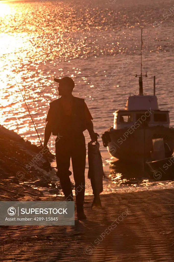 Fisherman @ Sunset w/King Salmon Digital Sihouette AK SC Port of Anchorage