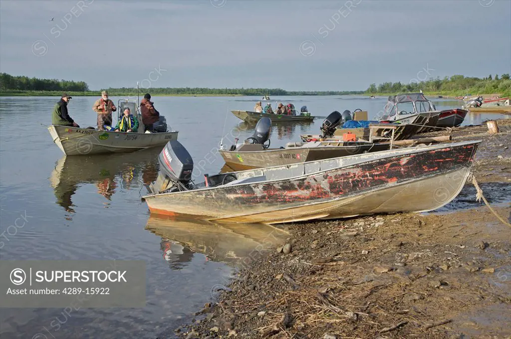 Fishing boats hauled up on the Nushagak riverbank near Maaluq Lodge, Ekwok, alaska