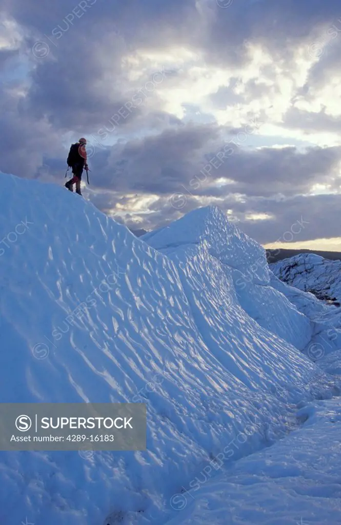 Ice Climber Walking on Ridge of Matanuska Glacier