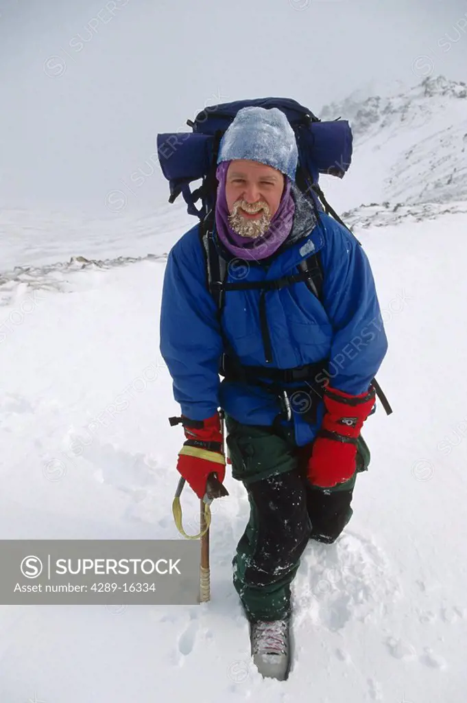 Mountain Climber w/ Frosted Face Chugach Mts SC Alaska Winter