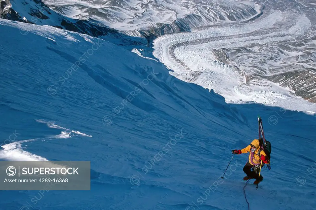Mountaineer climbing Mt.Drum in preparation to ski down Wrangell_St.Elias National Park Southcentral Alaska Winter Extreme