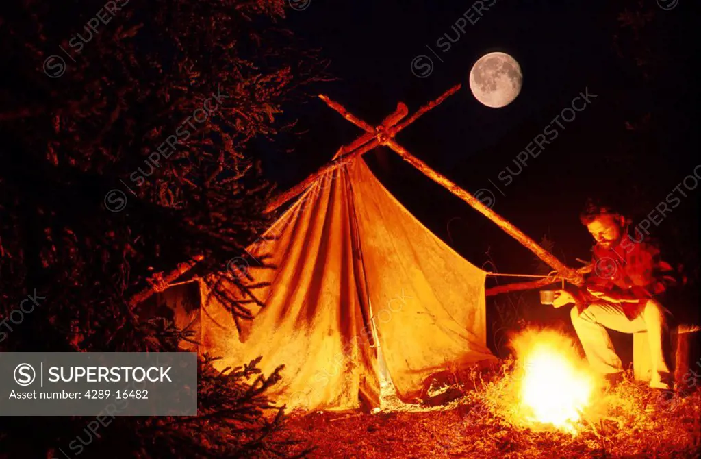 Man Tent Camping @ Campfire Moonrise Brooks Range AK Gate of the Arctic NP Fall