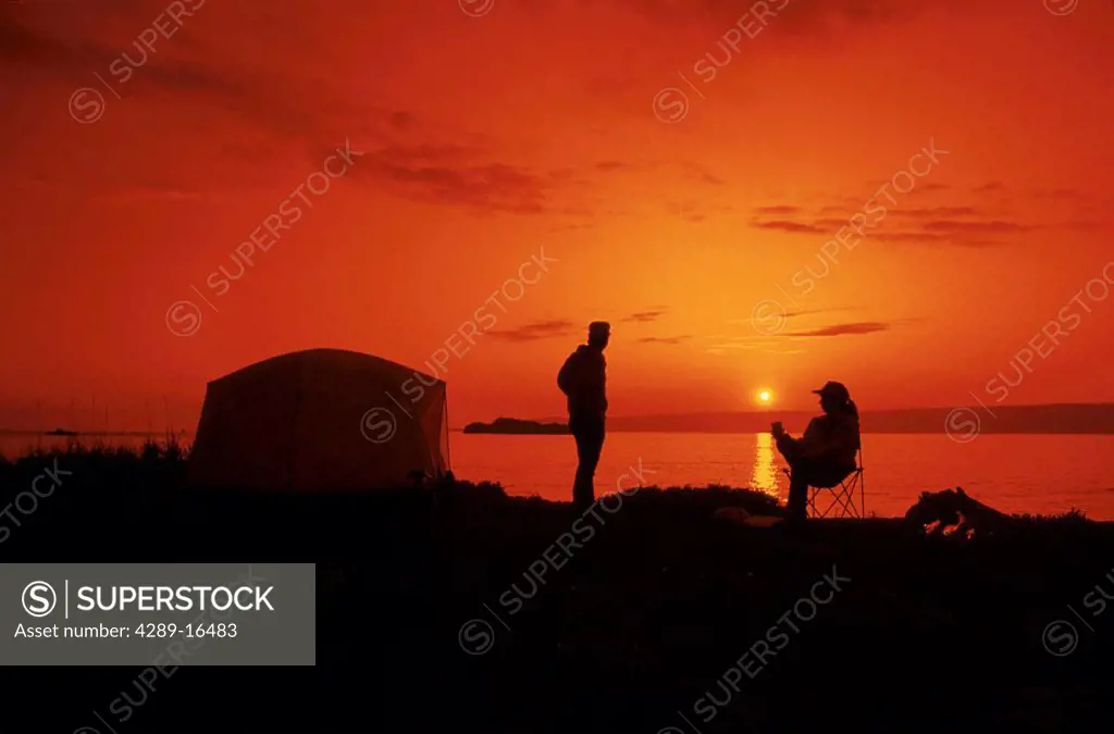 Kachemak Bay near Homer Sunset Campers by tent AK Southcentral Summer Scenic Silhouette