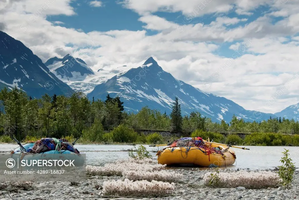 Rafts packed with gear on shore of the Tatshenshini River, Tatshenshini_Alsek Provincial Park, British Columbia, Canada, Summer